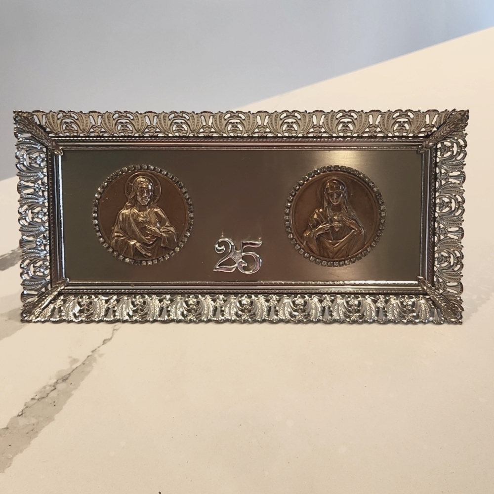 Antique silver religious 25th anniversary frame
